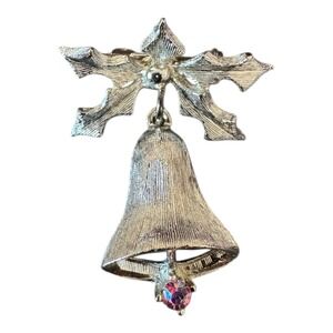 Dodds Collectible Silver Christmas Bell Jewel Brooch Lapel Pin Signed VTG 50-60s